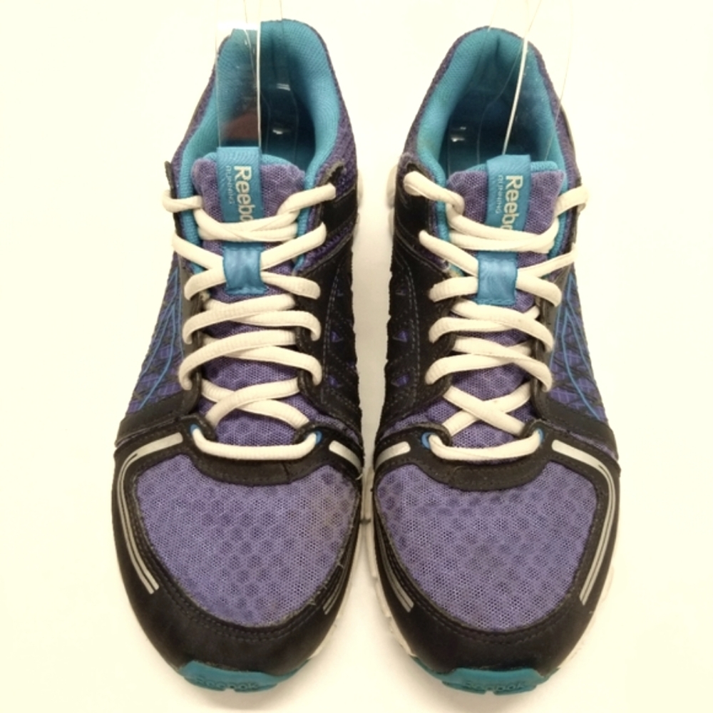Reebok Womans Size 6 Running Shoe Sneaker Purple Blue Black White Mesh Lace Up